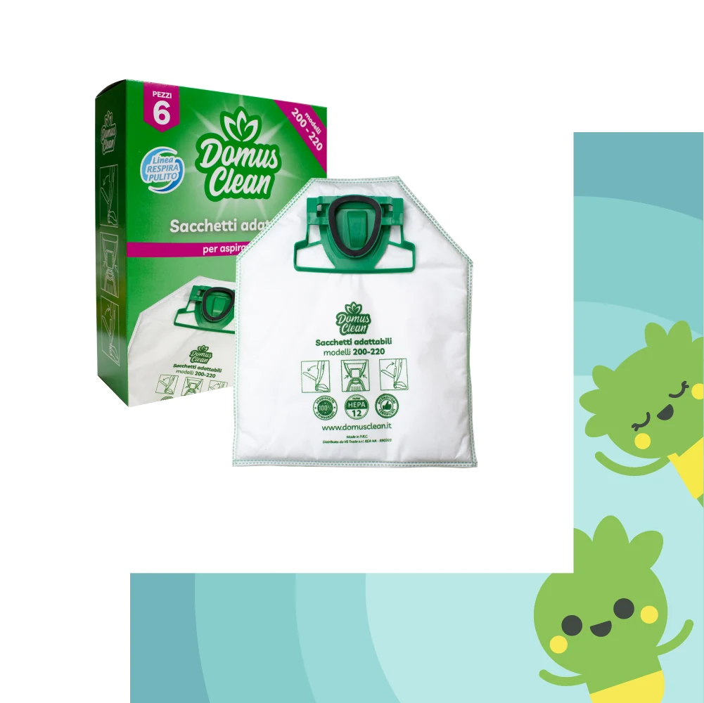 Foto packaging sacchetti Domus Clean su sfondo personaggi Dom e Cleo