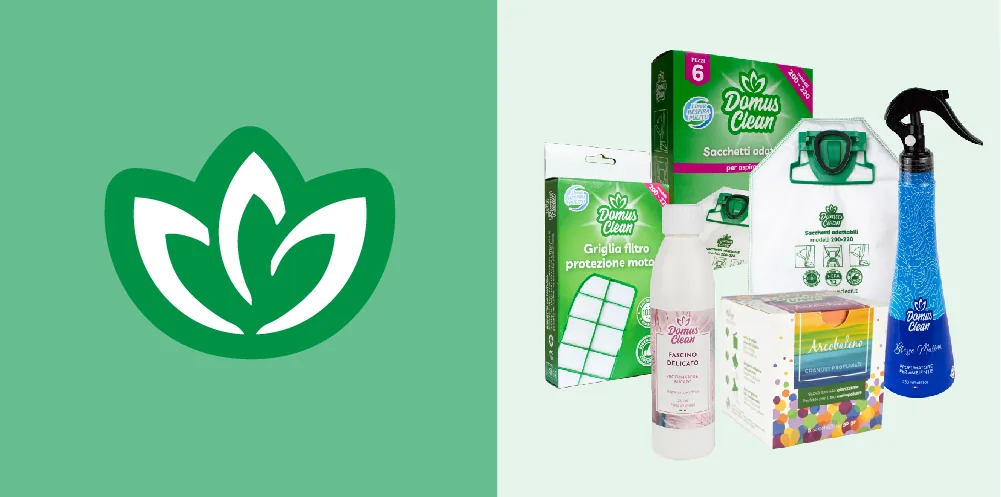 Logo Domus Clean - prodotti sacchetti, filtri, spray deodoranti, flaconi profumati e granuli profumati
